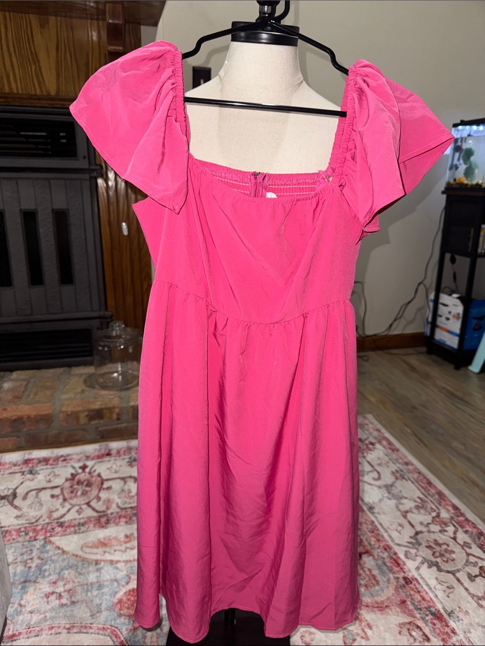Fuchsia Puff-Sleeve Midi Dress with Square Neck